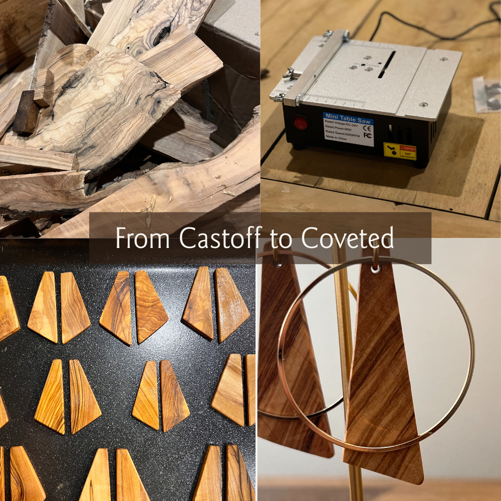 Images of scrap olive wood, a table saw, cut pieces of wood and finished Chloe Earrings by Madera Design Studio - image links to chloe earrings