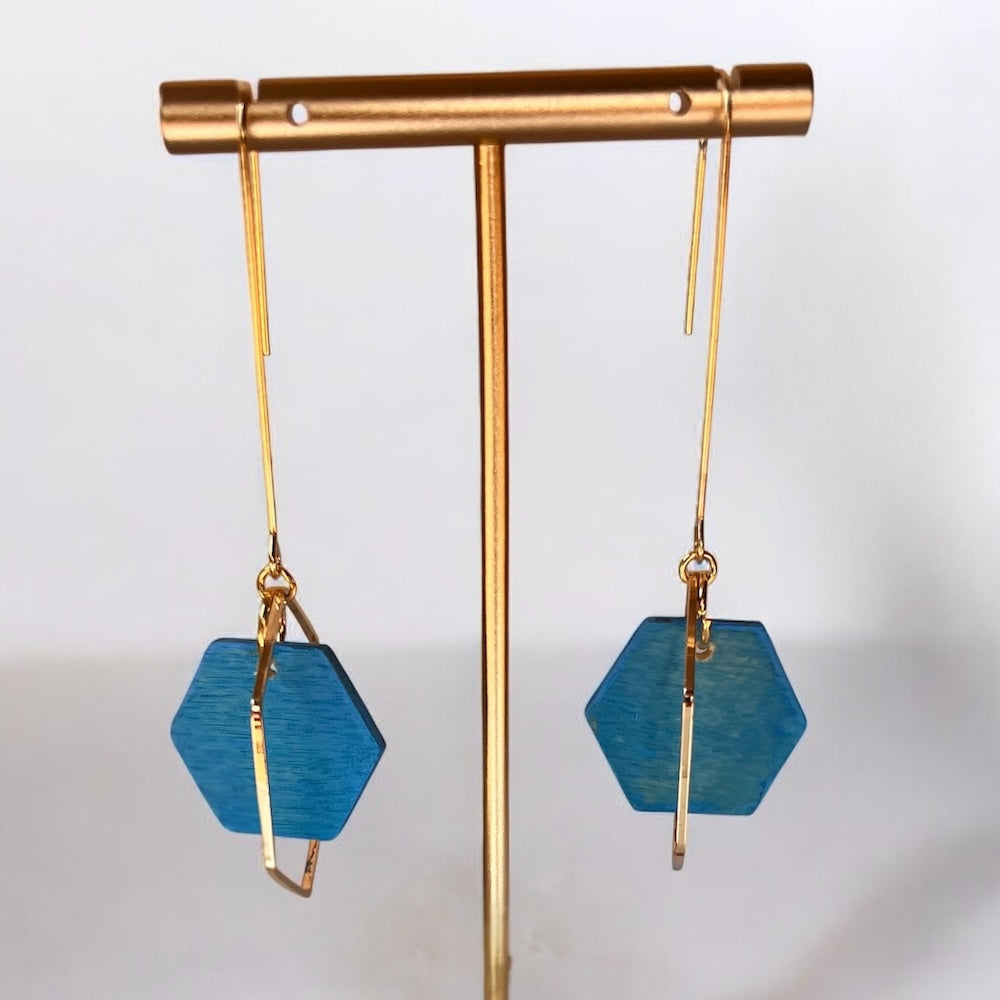 Hand Painted Hexagon and Gold Earrings