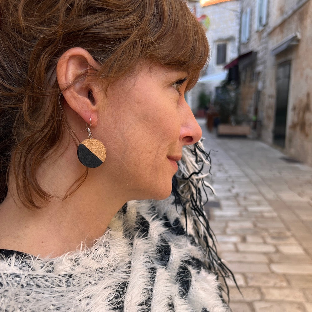 Stacey Shevlin wearing Justinart's cork and black earrings