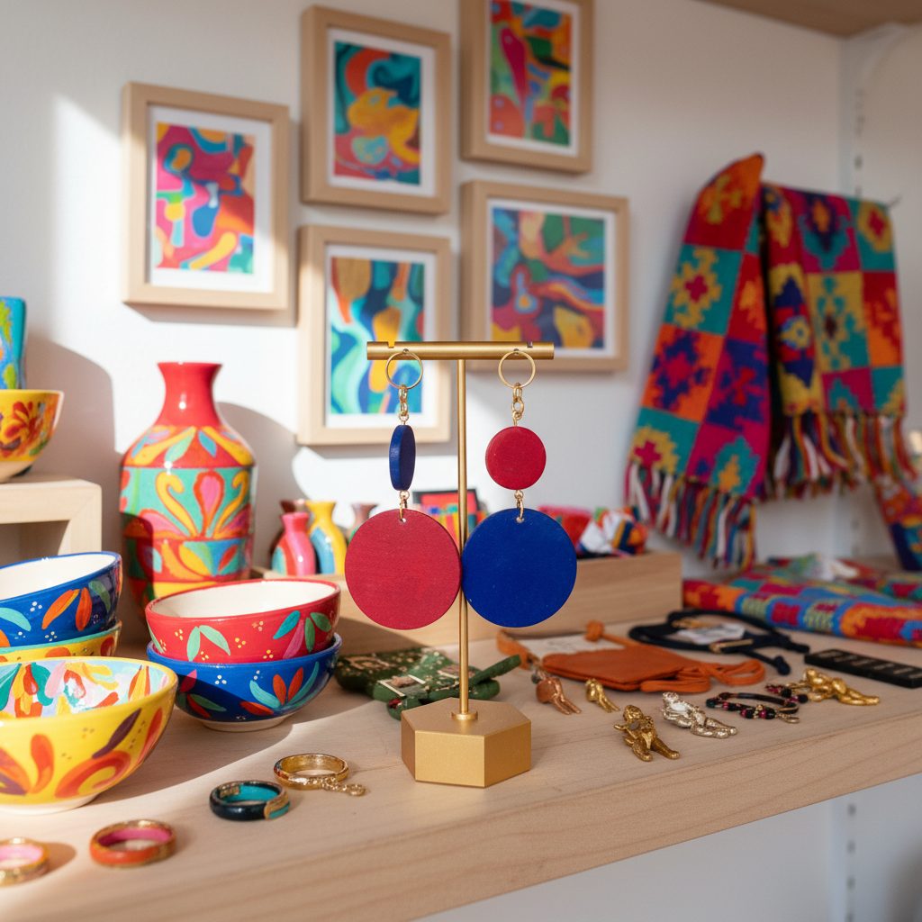 Earrings on a stand. They have a small and large wooden circle. They are hand painted bright blue and magenta by Mad Era Design Studio.