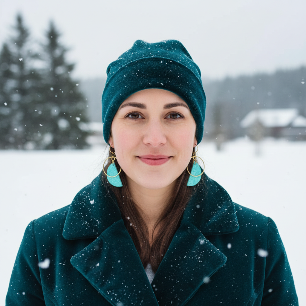 metallic sky blue painted earrings on a woman in a dark teal coat and hat in the snow
