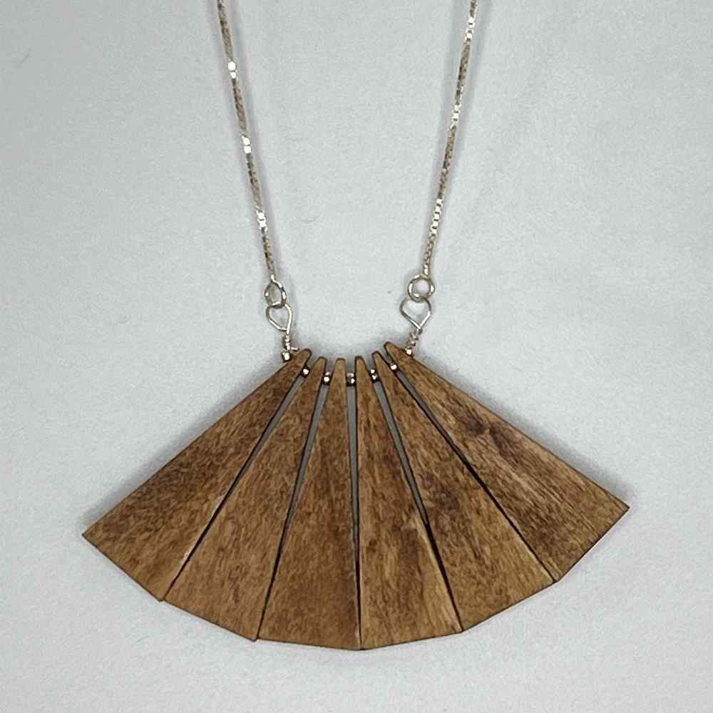 Madera wood triangle fan necklace dark stain and silver