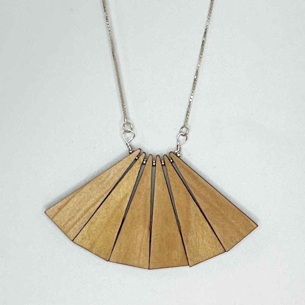 Madera wood triangle fan necklace lightstain and silver