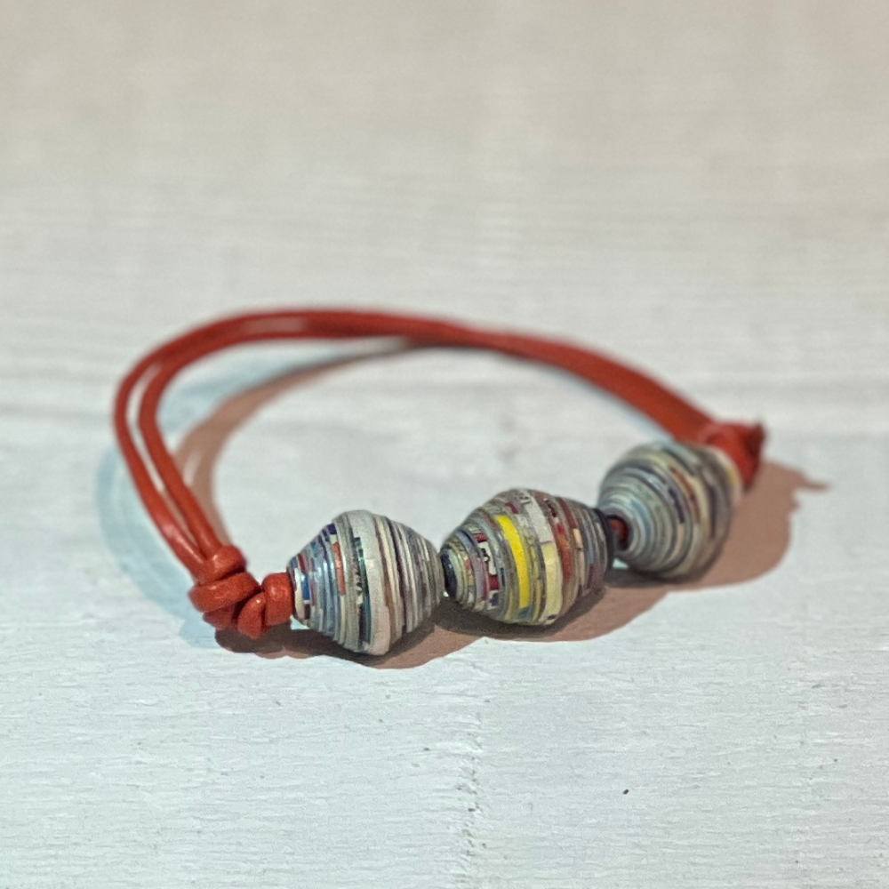 Upcycled paper beads bracelet - red leather band