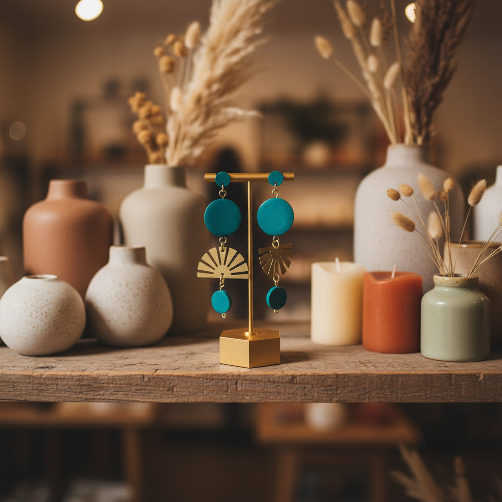 Solar eclipse earrings - hand painted wood - teal, with brass sun ray accents hanging on a stand.