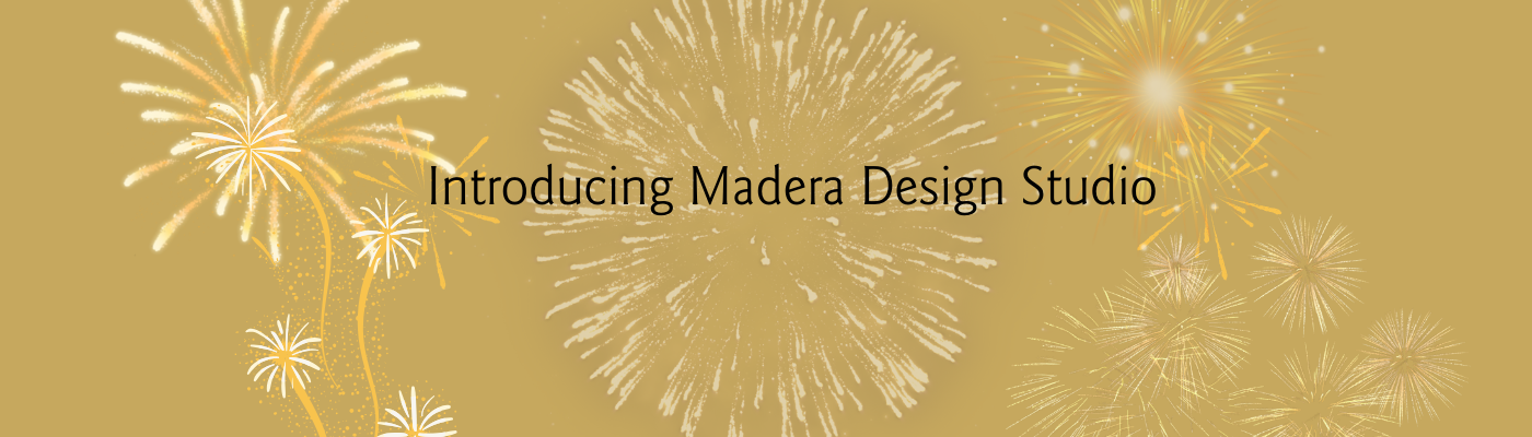 Introducing Madera Design Studio - handcrafted wooden jewelry- gold background with gold fireworks 