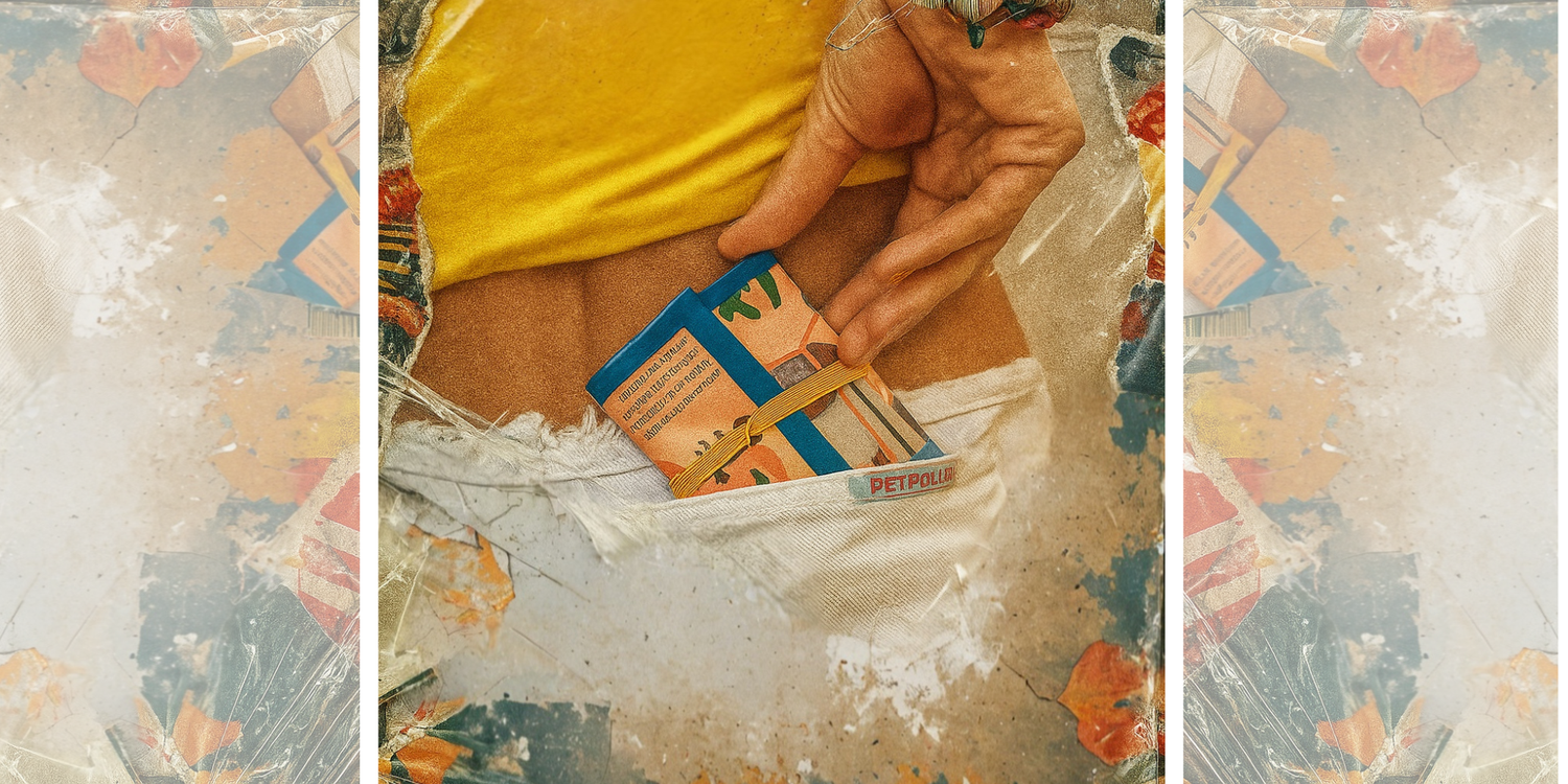 Colorful Carton and magazine wallet going into the pocket of a woman. AI manipulated image.