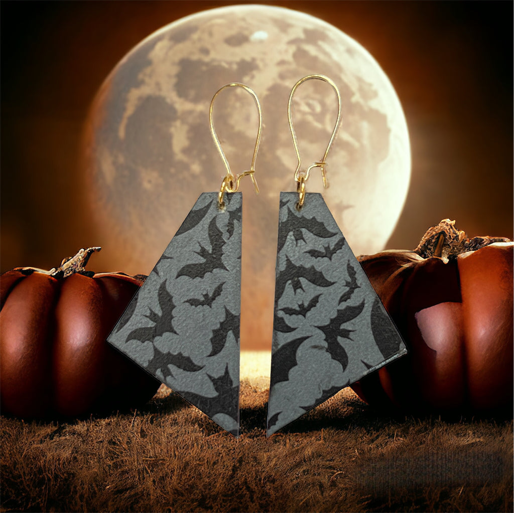 Halloween Bat Earrings. Fabric on Wood. Madera Design Studio