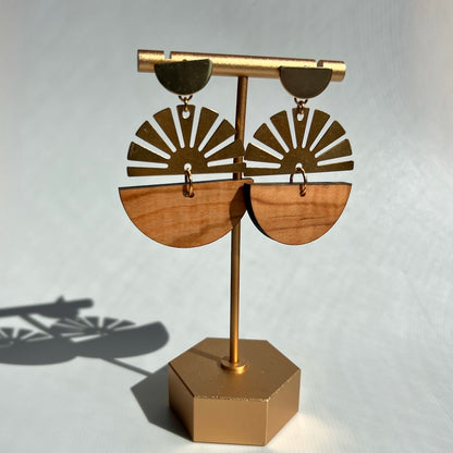 Up-cycled 1/2 circle olive wood and 1/2 Brass circle sun ray findings.  Statement earrings by Madera Design Studio