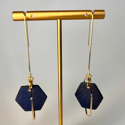 Hand Painted Hexagon and Gold Earrings