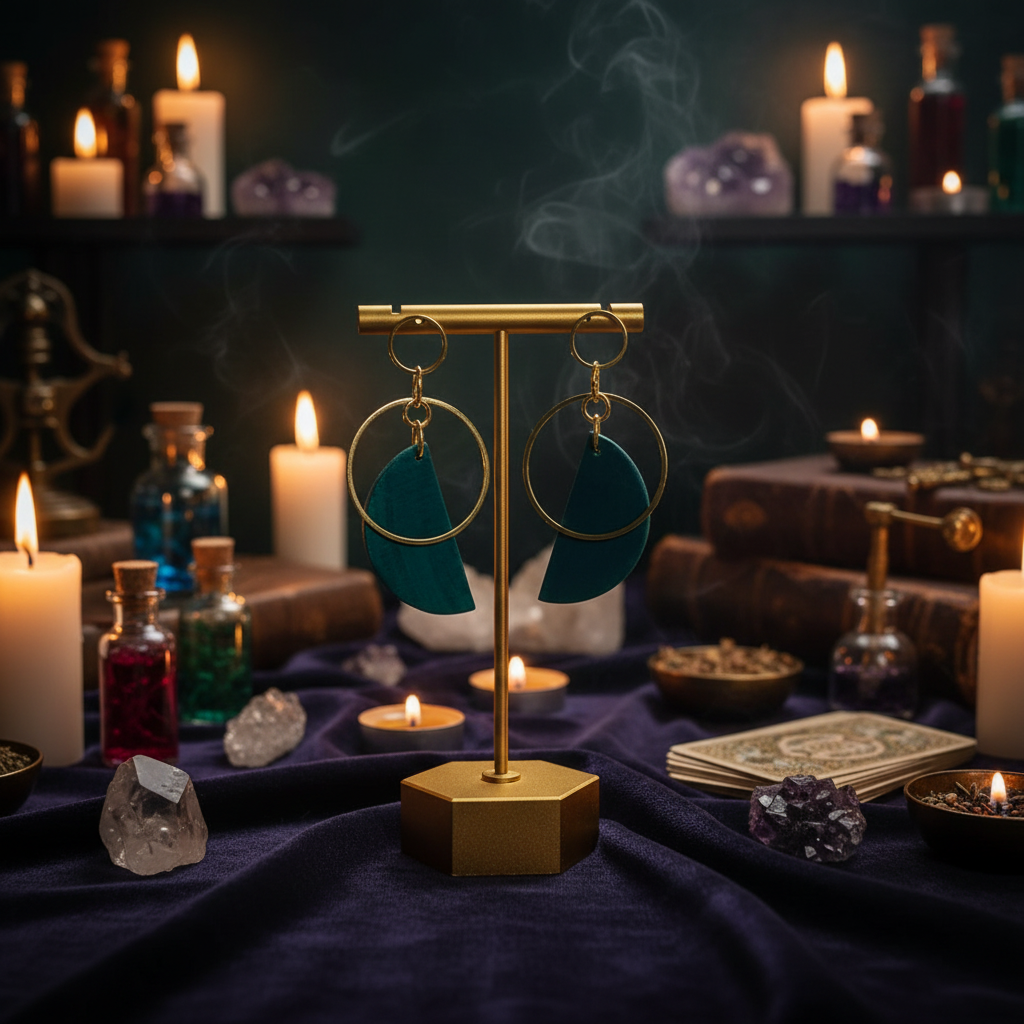 Gold earring stand with green leaf-shaped earrings on a witchy store background