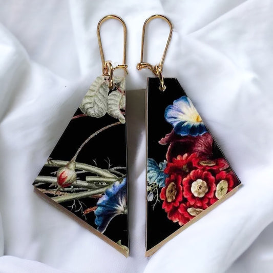 Bouquet earrings. Black fabric pattern with reds, blues, greens on wood. Madera Design Studio