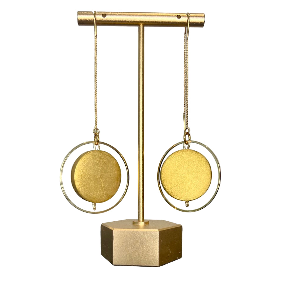 Gold hand painted wood bead threader earring on a gold stand