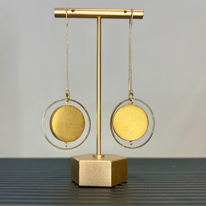 Gold hand painted wood bead threader earring on a gold stand