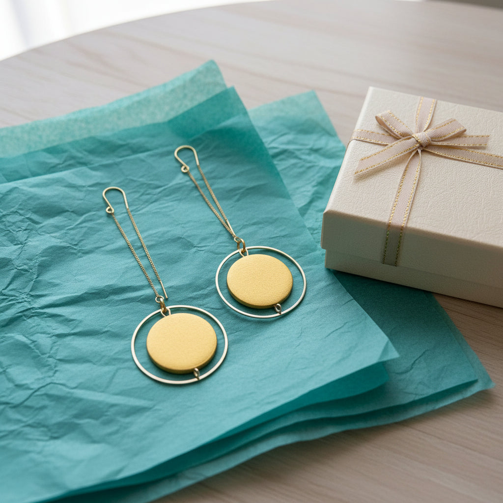 Gold painted threader earrings haning on a gold stand.