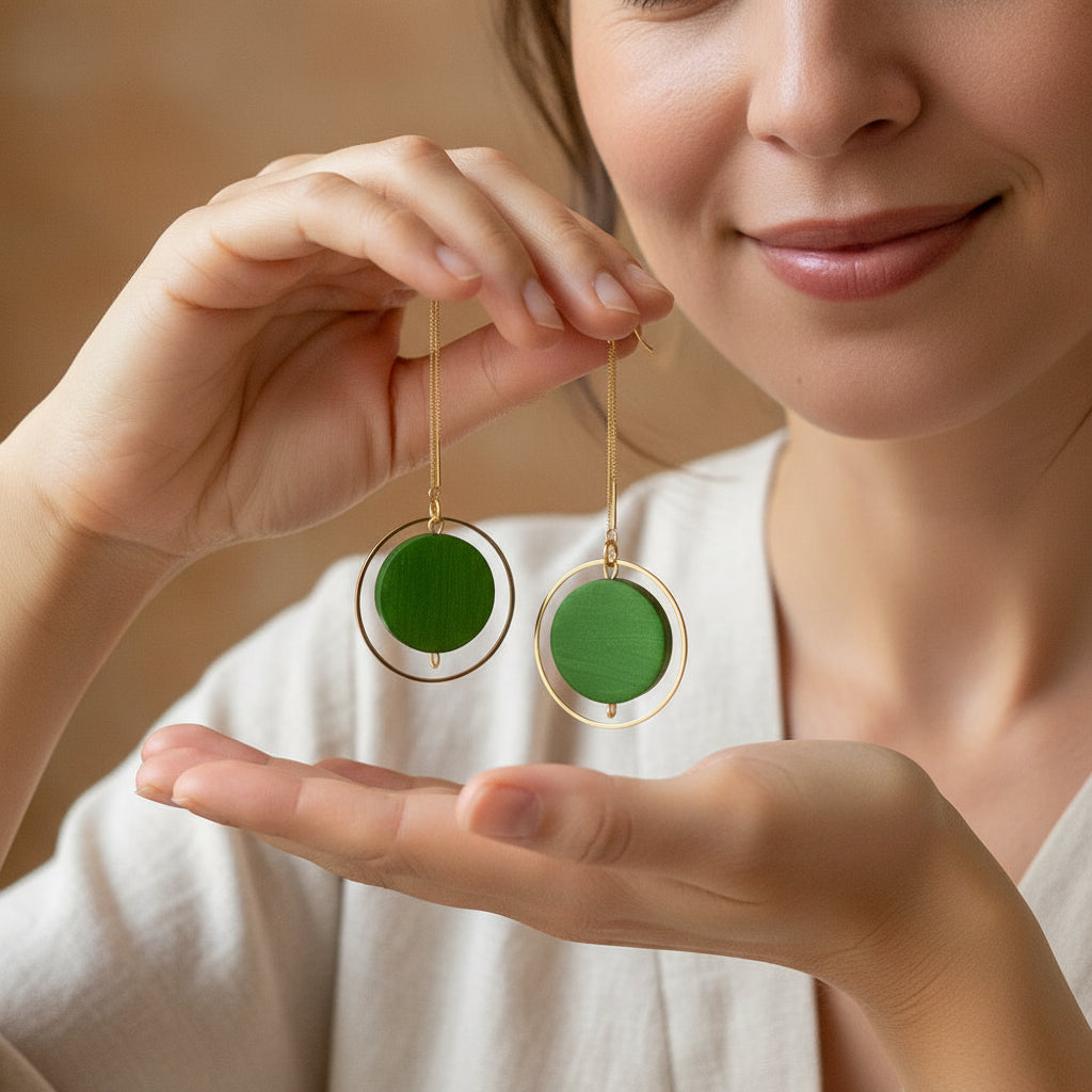 Green hand painted wood, gold threader earrings by Madera Design Studio