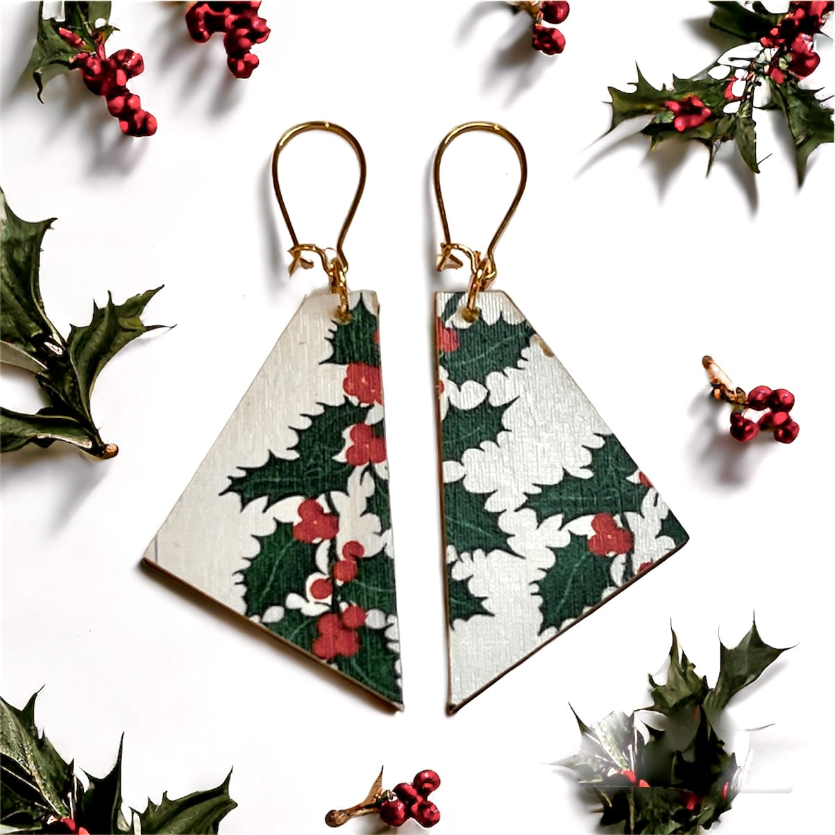 Holly Earrings. White Fabric pattern with holly leaves and berries. Madera Design Studio