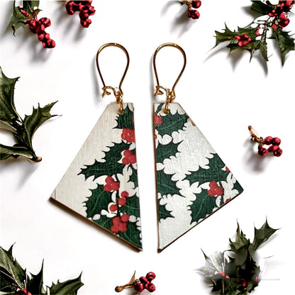 Holly Earrings. White Fabric pattern with holly leaves and berries. Madera Design Studio