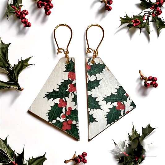 Holly Earrings. White Fabric pattern with holly leaves and berries. Madera Design Studio