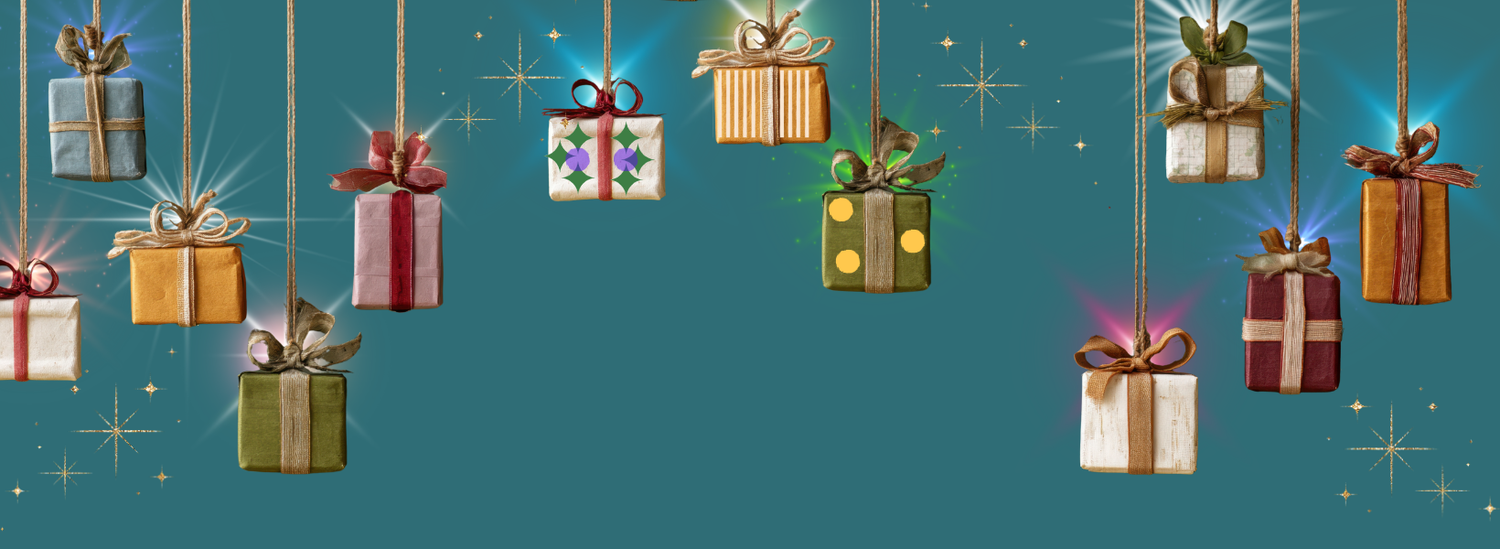 Decorative image of hanging gift boxes with ribbons on a blue background - Mad Era holiday store front