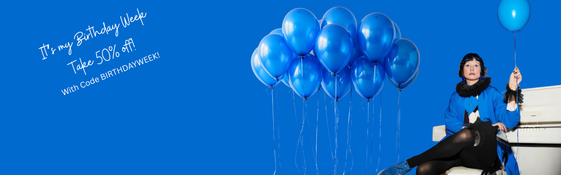 Stacey Shevlin owner Mad Era Design Studio with blue balloons against a blue background with promotional text.