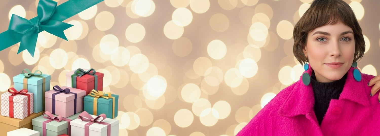 Woman in a pink jacket with sunglasses next to colorful gifts on a green background