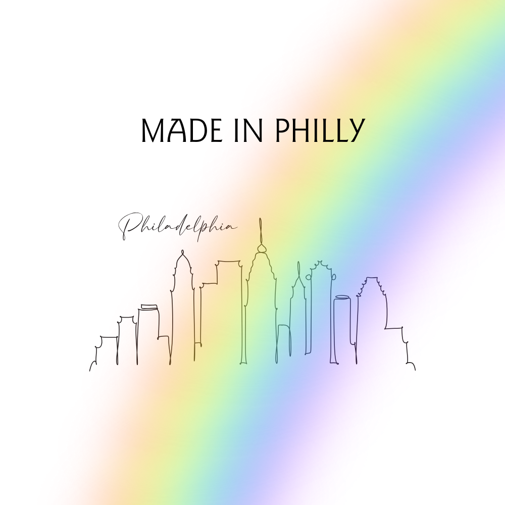Philly skyline with a rainbow behind it, it ready made in philly