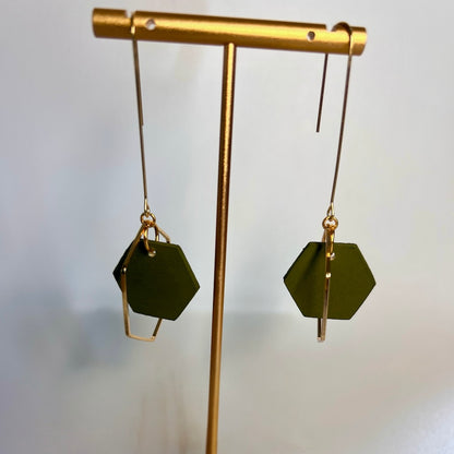 Hand Painted Hexagon and Gold Earrings