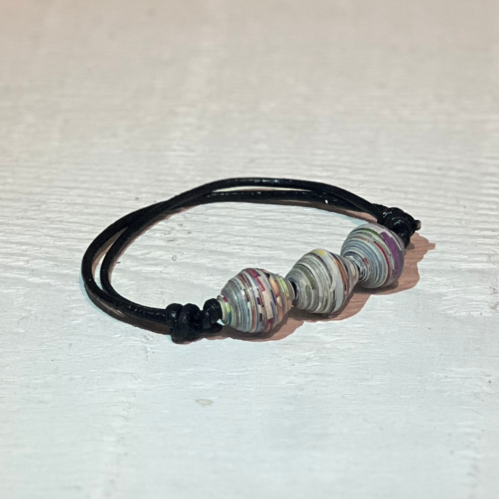 Upcycled paper beads bracelet - black leather band