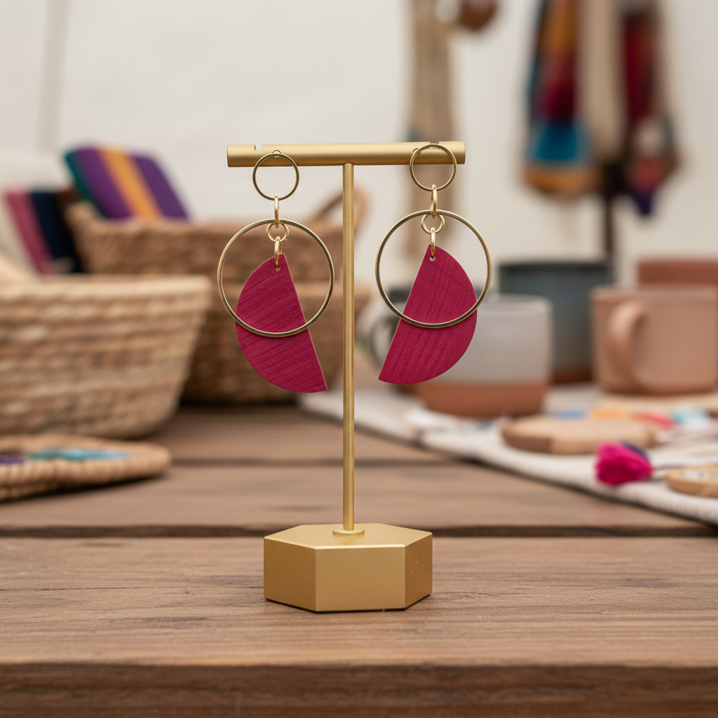 Gold earring stand with pink earrings on a white background