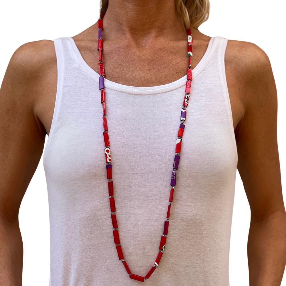 red and purple upcycled candy wrapper necklace - long on model