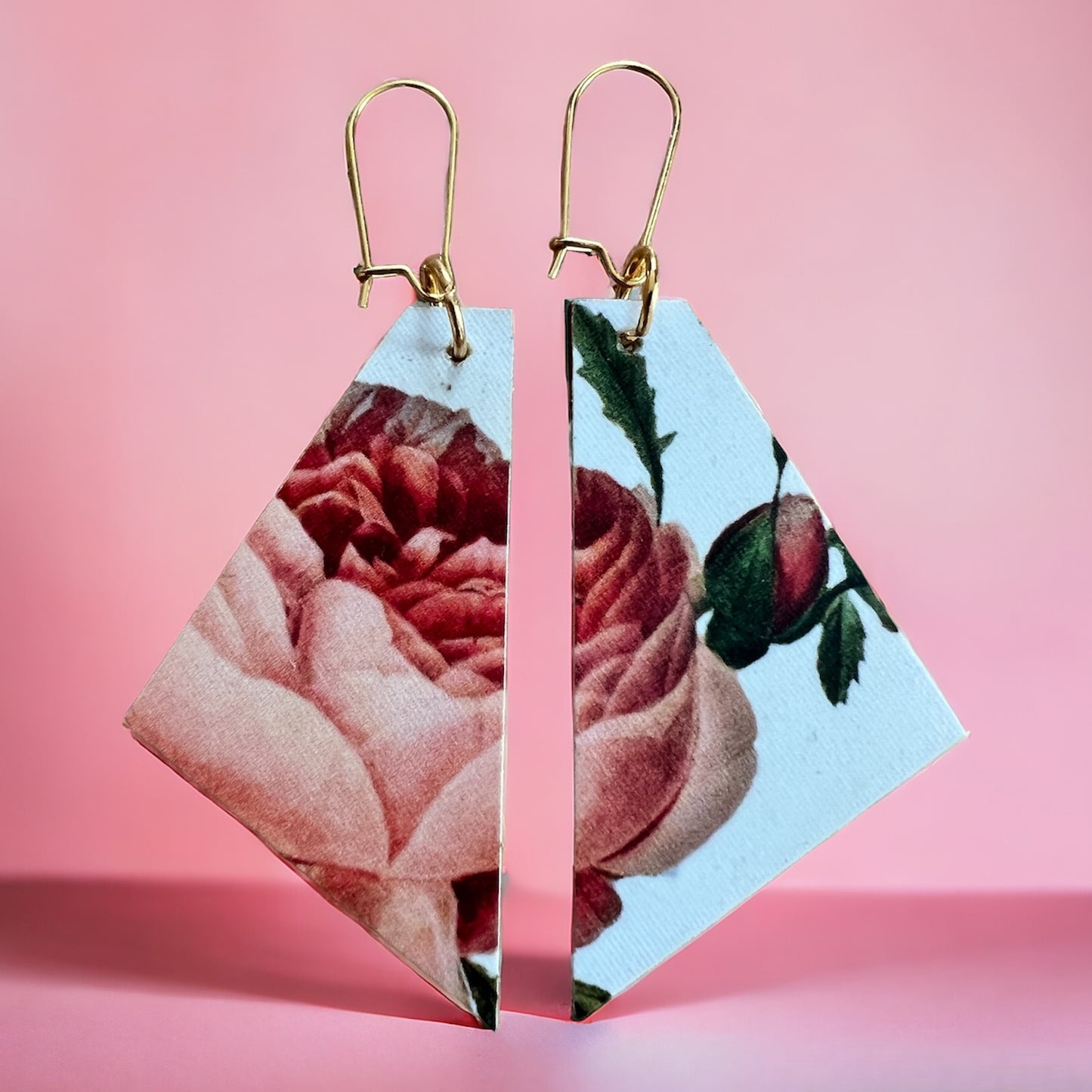 Rose Earrings. Pink and white on wood. Madera Design Studio