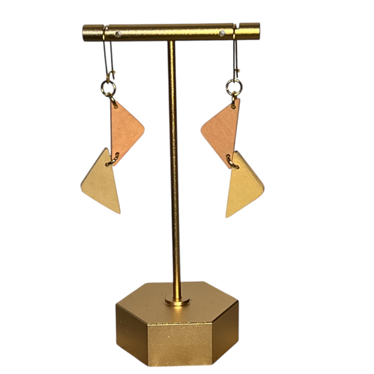 hand painted earrings by Mad Era Design Studio peach and orange triangles linked together 