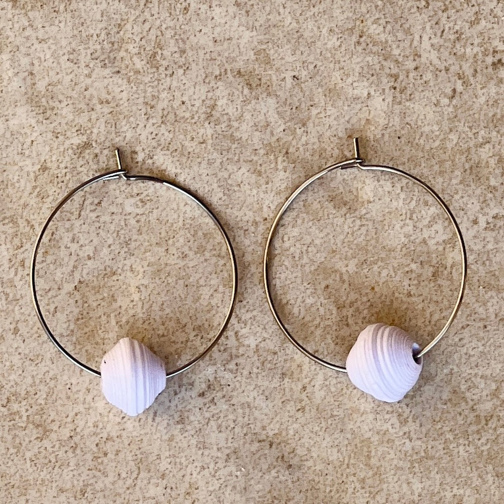 Medium size silver hoop with a white paper bead - recycled 