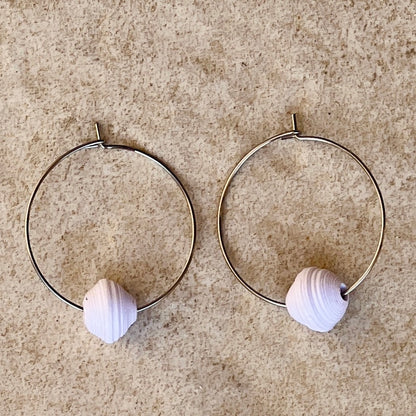 Medium size silver hoop with a white paper bead - recycled 