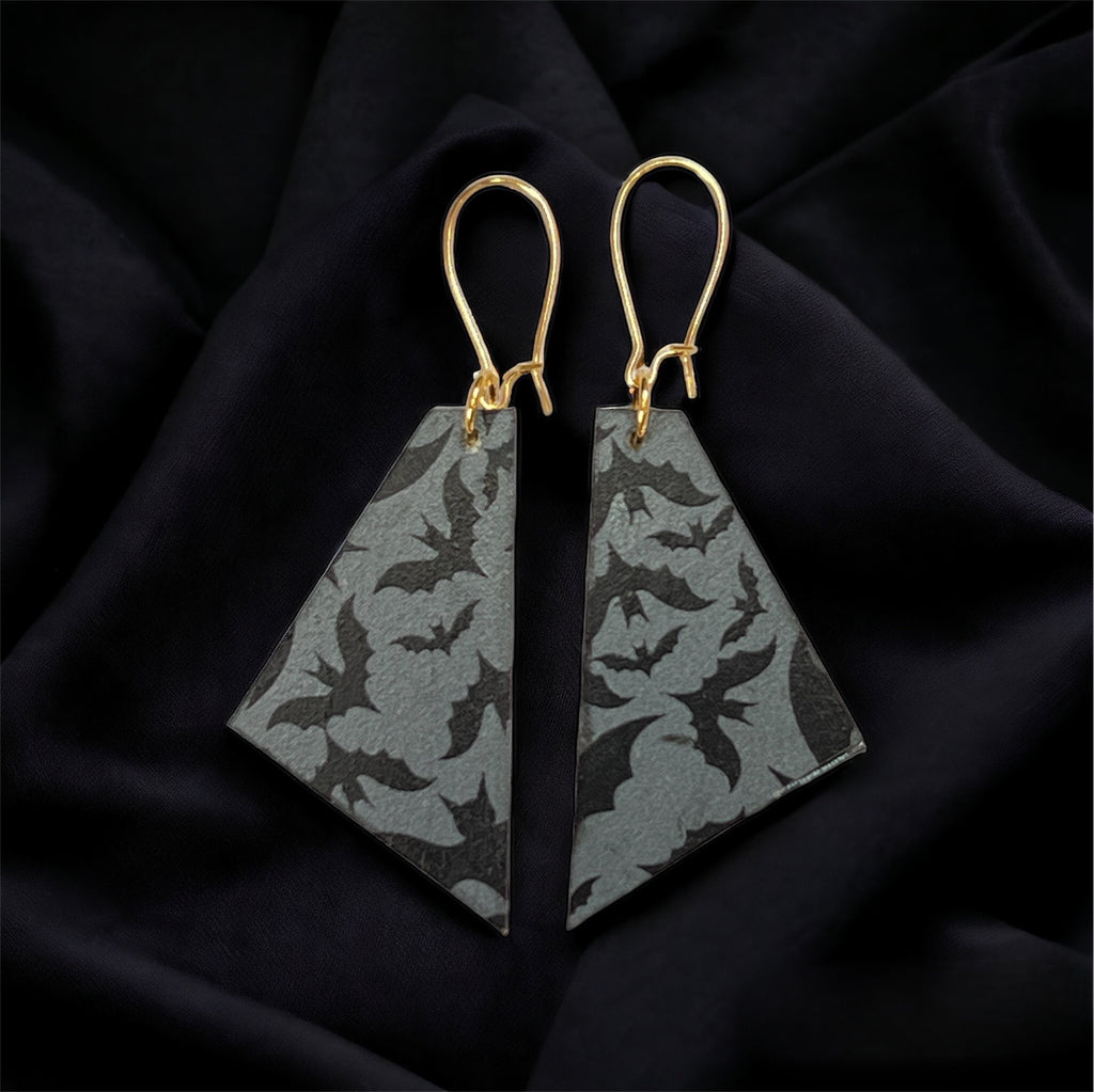 Bat earrings - grey fabric with black bats on lightweight wood by Madera Design Studio