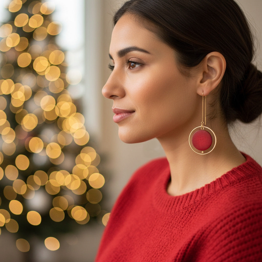 Woman wearing a red sweater and red earrings with a blurred Christmas tree in the background
