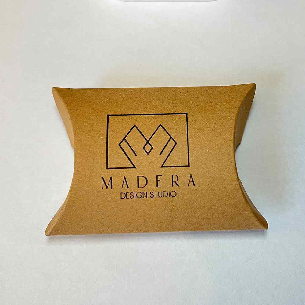 Herringbone patterned fabric and wood dangle earring by Madera Design Studio Packaging