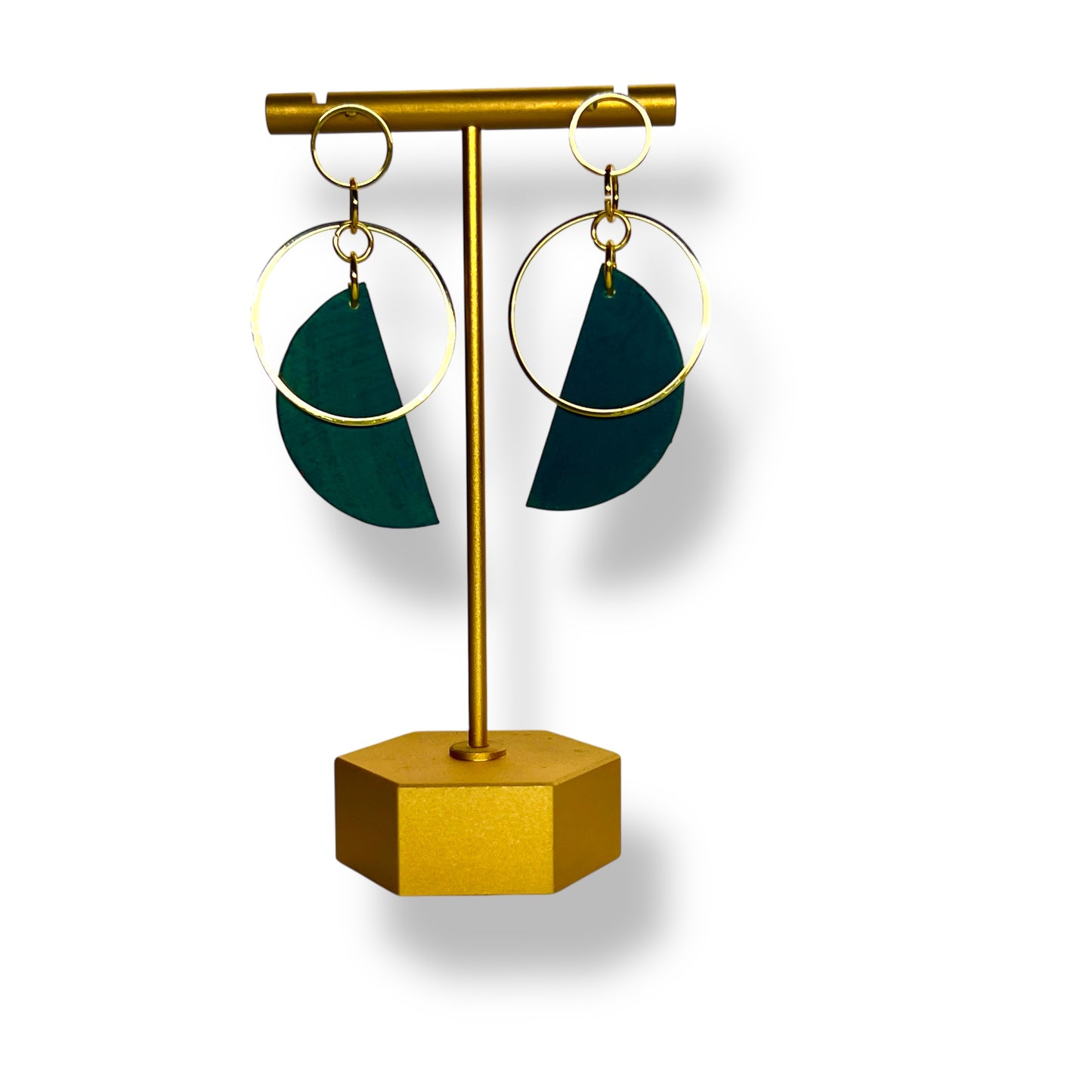 Dark blue green painted 1/2 circles with a full brass circle earring. 