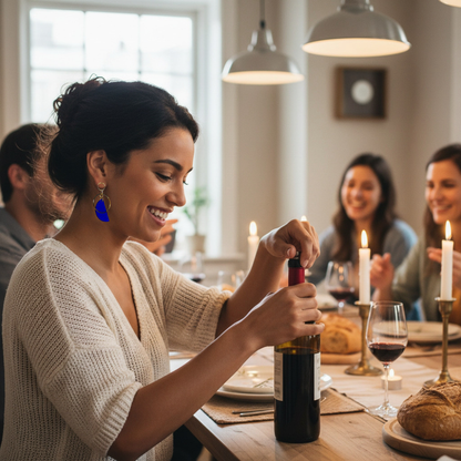 Woman opening a bottle of wine at a dinner party - she's wearing electric blue 1/2 circle painted mad era earrings