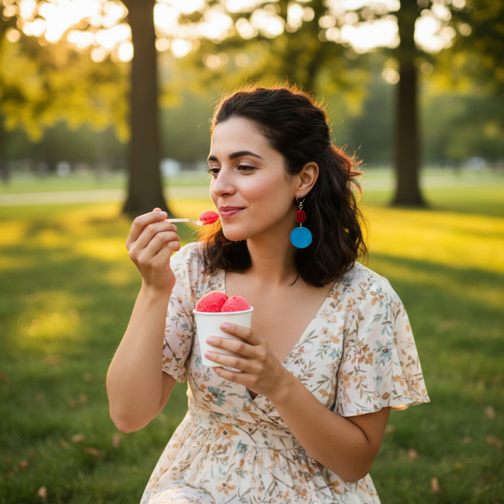 Woman enjoying a cherry water ice in a park wearing electric cherry hand painted earrings by Mad Era Design Studio