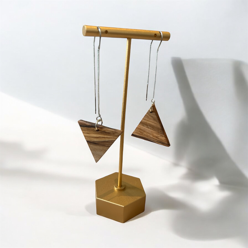 Fire and water sign triangle threader earring. handcrafted olive wood and silver by Madera Design Studio