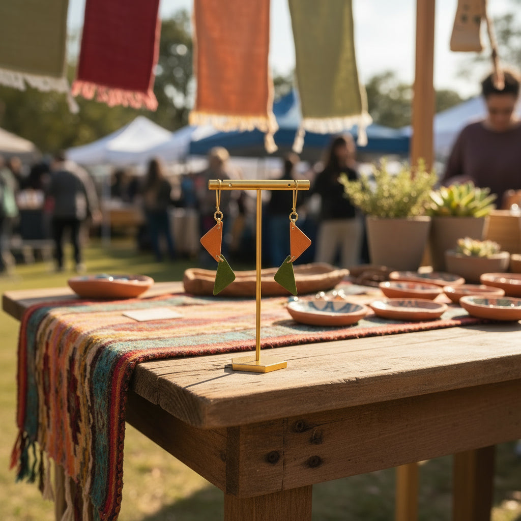 Pair of earrings made of 2 tringles each, one apricot one green