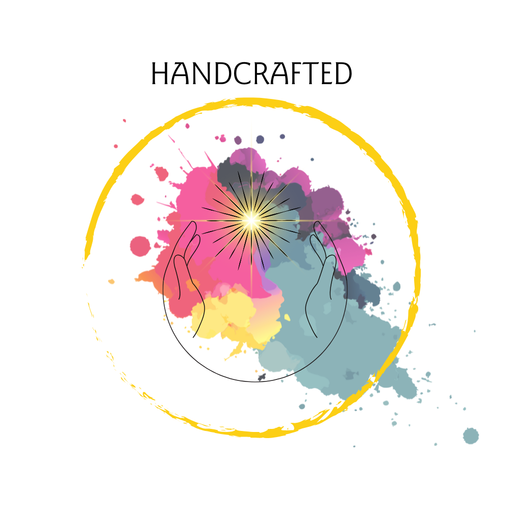 Colorful abstract design with hands and splashes of paint, featuring the word 'Handcrafted'.

