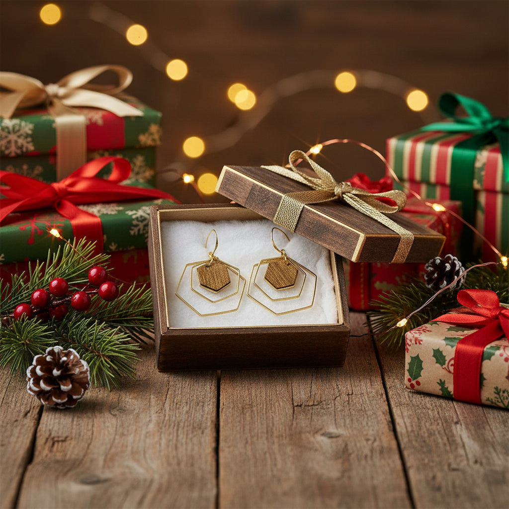 Hexagon Earrings - Gold and Wood Earrings by Mad Era Design Studio - in a gift box with other gift boxes