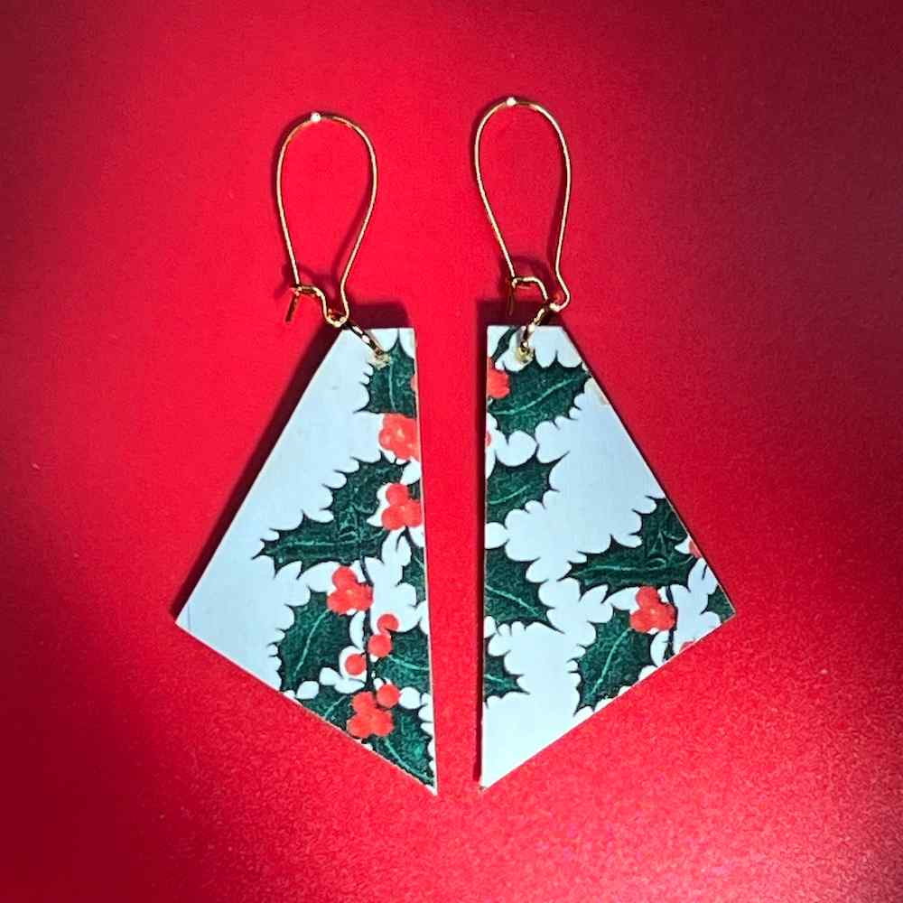 Holiday Holly Earrings on Red background by Madera Design Studio