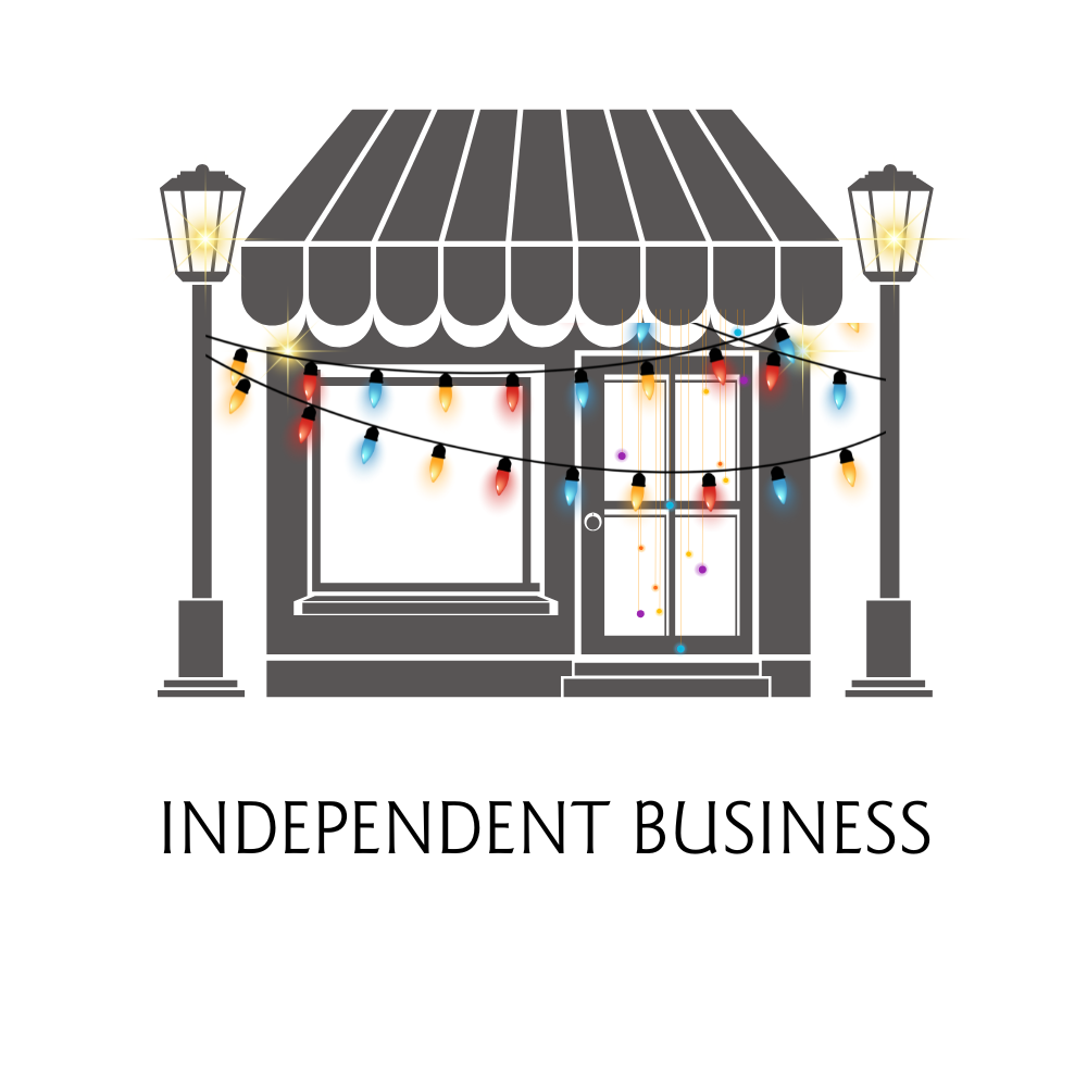 Illustration of a small business storefront with lights and 'Independent Business' text.