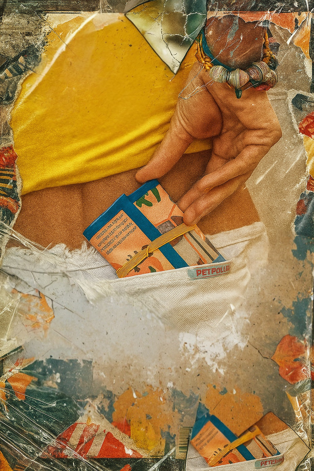 Collage with a hand holding wallet putting it in her back pocket amidst abstract elements.