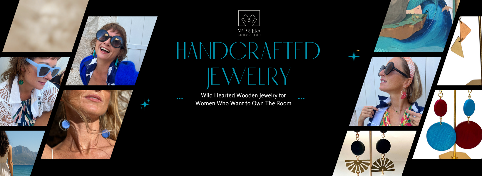 Advertisement for handcrafted jewelry featuring women wearing earrings and a brand logo.