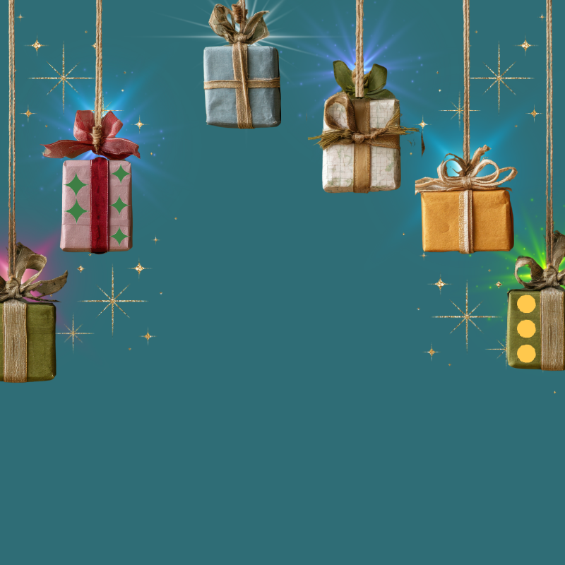 Colorful gift boxes with ribbons on a blue background - Mad Era Holiday Shop Window